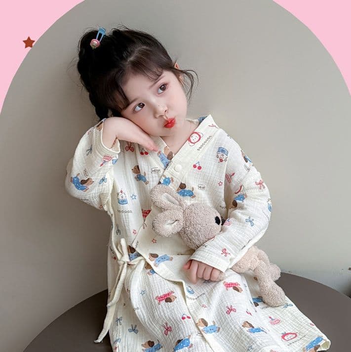 子ども用 ガーゼ バスローブ パジャマ 綿100% 長袖 前開き 柔らか 涼感 ルームウェア 夏用 女の子 男の子兼用 かわいい プリント 柄入り 90〜120cm