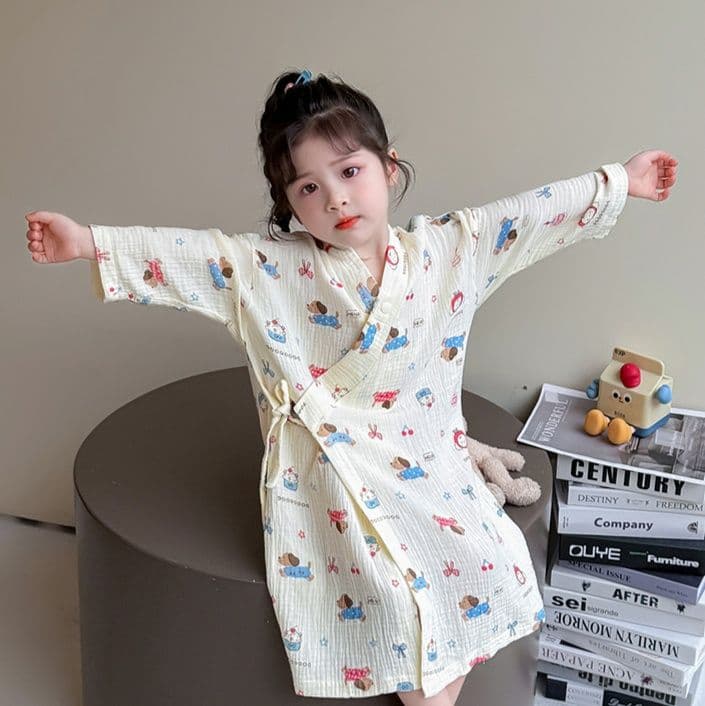 子ども用 ガーゼ バスローブ パジャマ 綿100% 長袖 前開き 柔らか 涼感 ルームウェア 夏用 女の子 男の子兼用 かわいい プリント 柄入り 90〜120cm