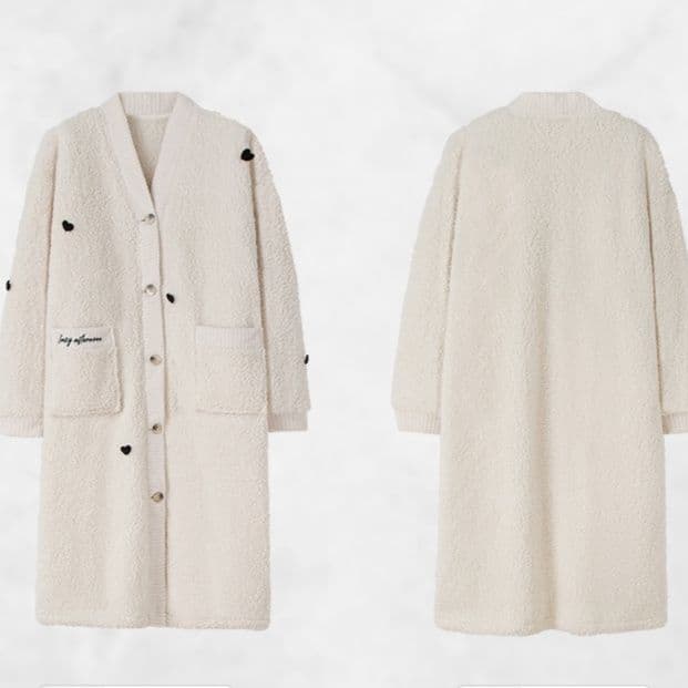 レディース ルームウェア 冬用 厚手 モコモコ 長袖 ロング丈 カーディガン風 バスローブ パジャマ 部屋着 ふわふわ 米白 S〜XL