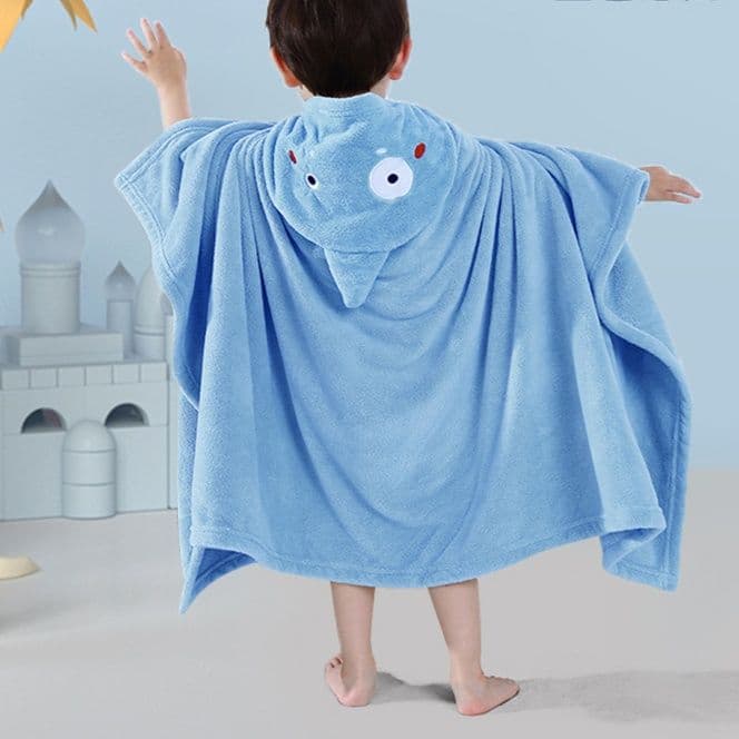 【フード付きベビーバスタオル】 新生児〜幼児用 80×80cm コーラルフリース 吸水速乾 ブランケット兼用 (ホワイトベア/ピンクキャット/グレーエレファント/ブルーパンダ)