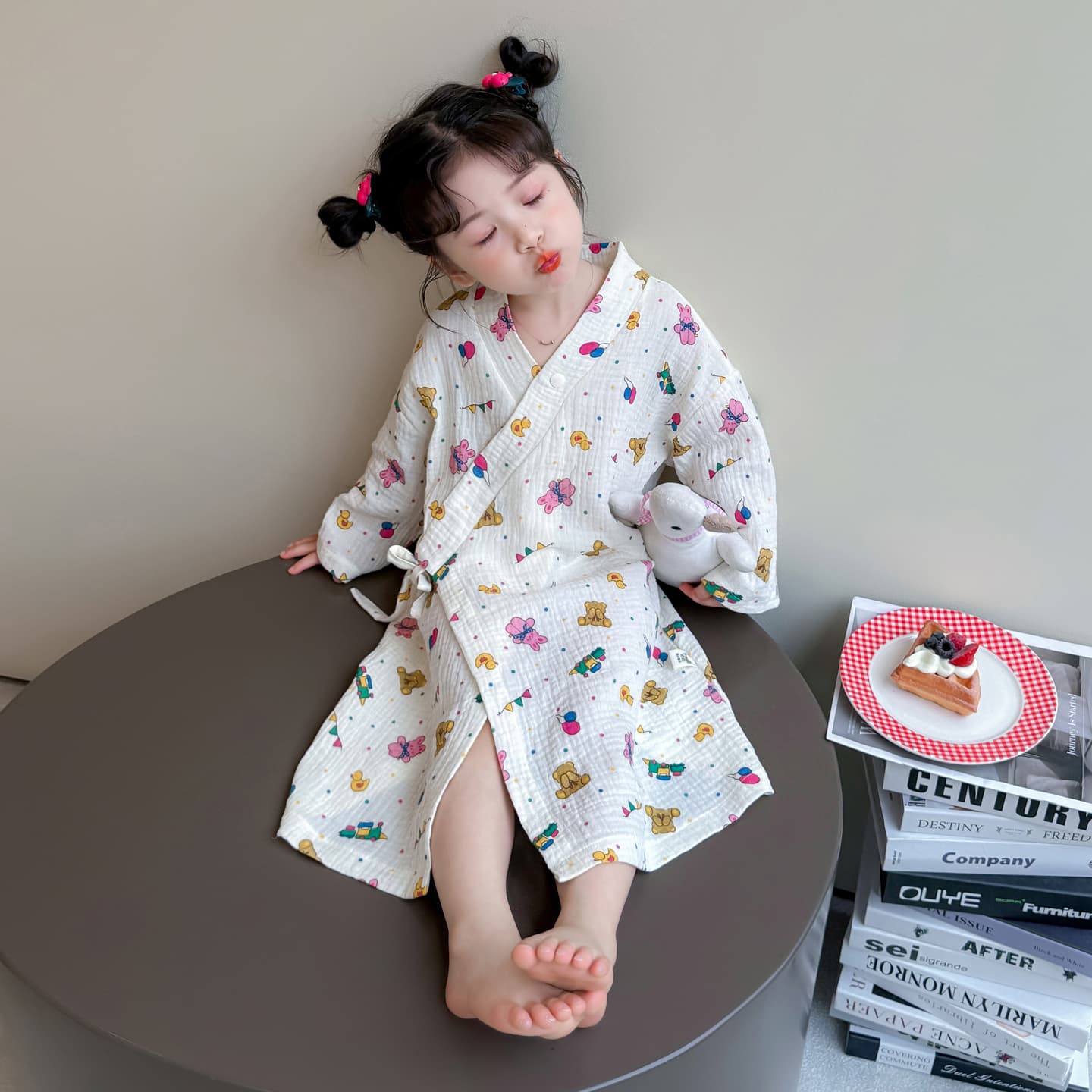 子ども用 ガーゼ バスローブ パジャマ 綿100% 長袖 前開き 柔らか 涼感 ルームウェア 夏用 女の子 男の子兼用 かわいい プリント 柄入り 90〜120cm