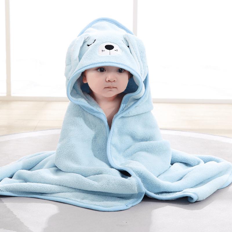 【フード付きベビーバスタオル】 新生児〜幼児用 80×80cm コーラルフリース 吸水速乾 ブランケット兼用 (ホワイトベア/ピンクキャット/グレーエレファント/ブルーパンダ)