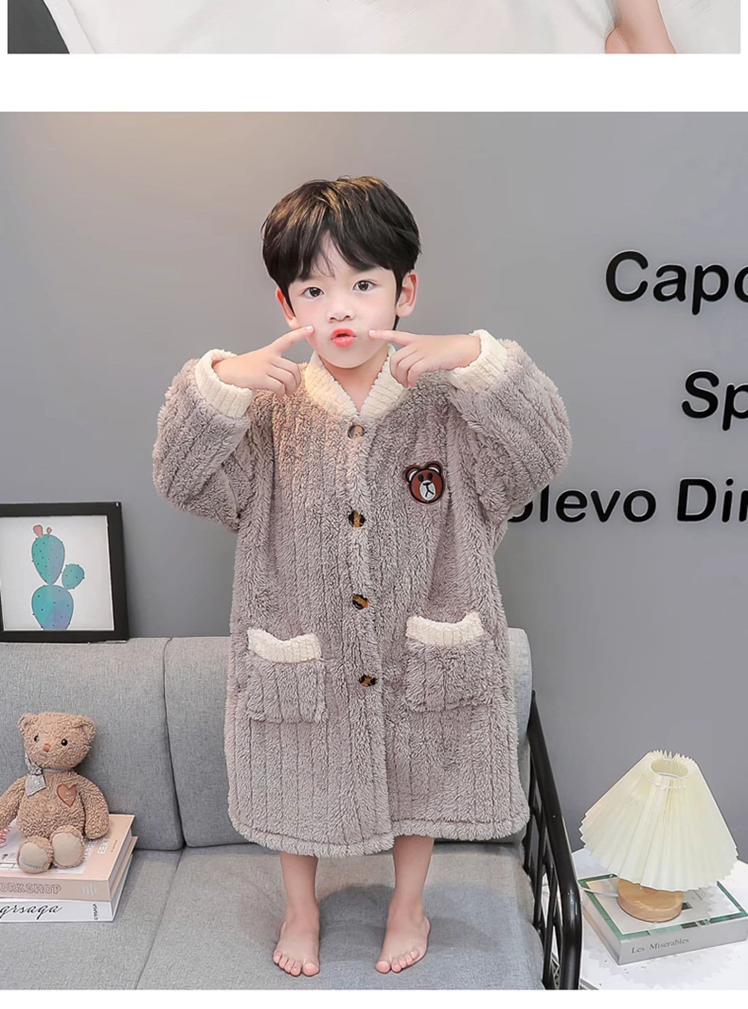 バスタオル キッズ用 冬用 厚手 フランネル 男の子 カーディガン風 ロング丈 ルームウェア 90〜130cm