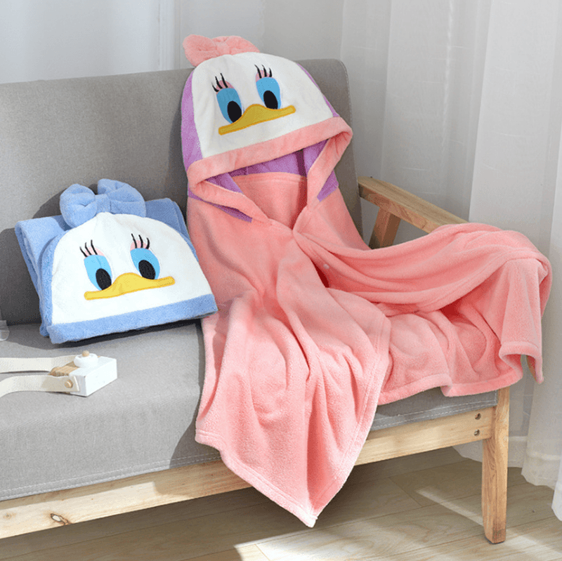 【フード付きベビーバスタオル】 新生児〜幼児用 80×80cm コーラルフリース 吸水速乾 ブランケット兼用 (ホワイトベア/ピンクキャット/グレーエレファント/ブルーパンダ)