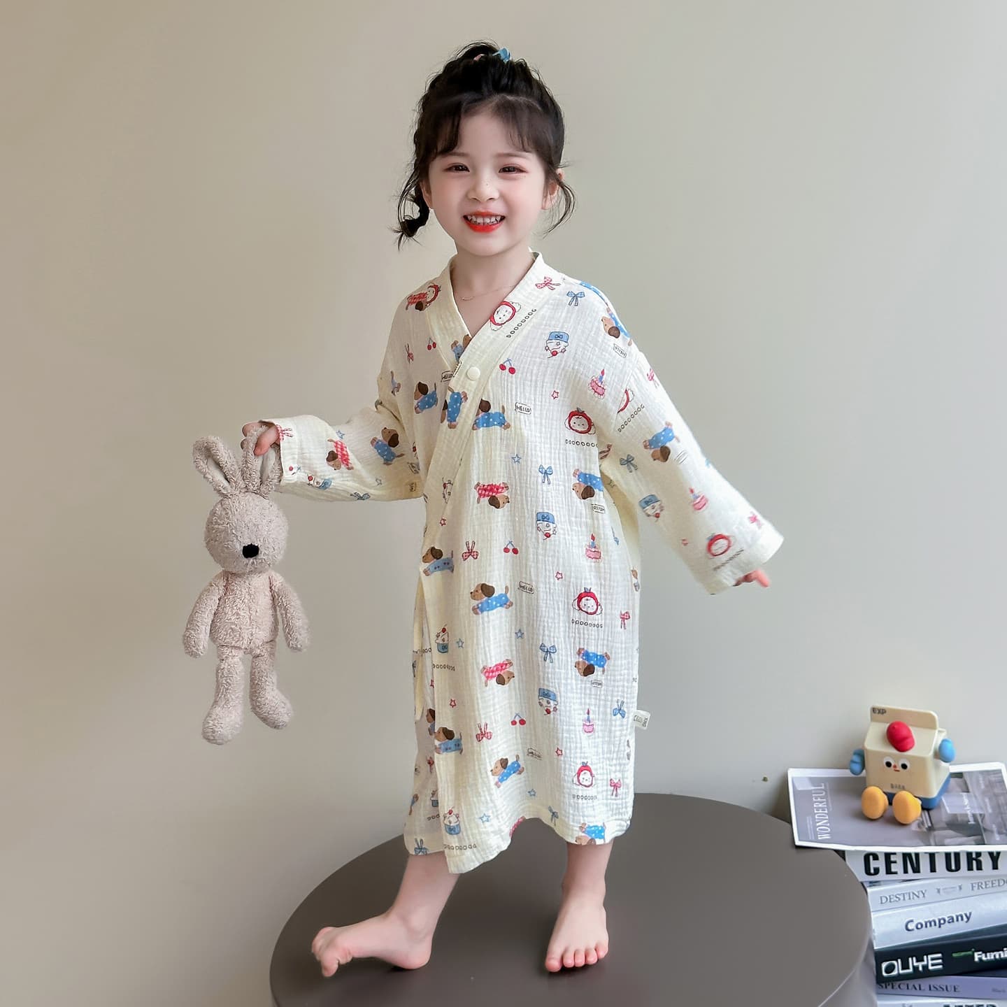 子ども用 ガーゼ バスローブ パジャマ 綿100% 長袖 前開き 柔らか 涼感 ルームウェア 夏用 女の子 男の子兼用 かわいい プリント 柄入り 90〜120cm