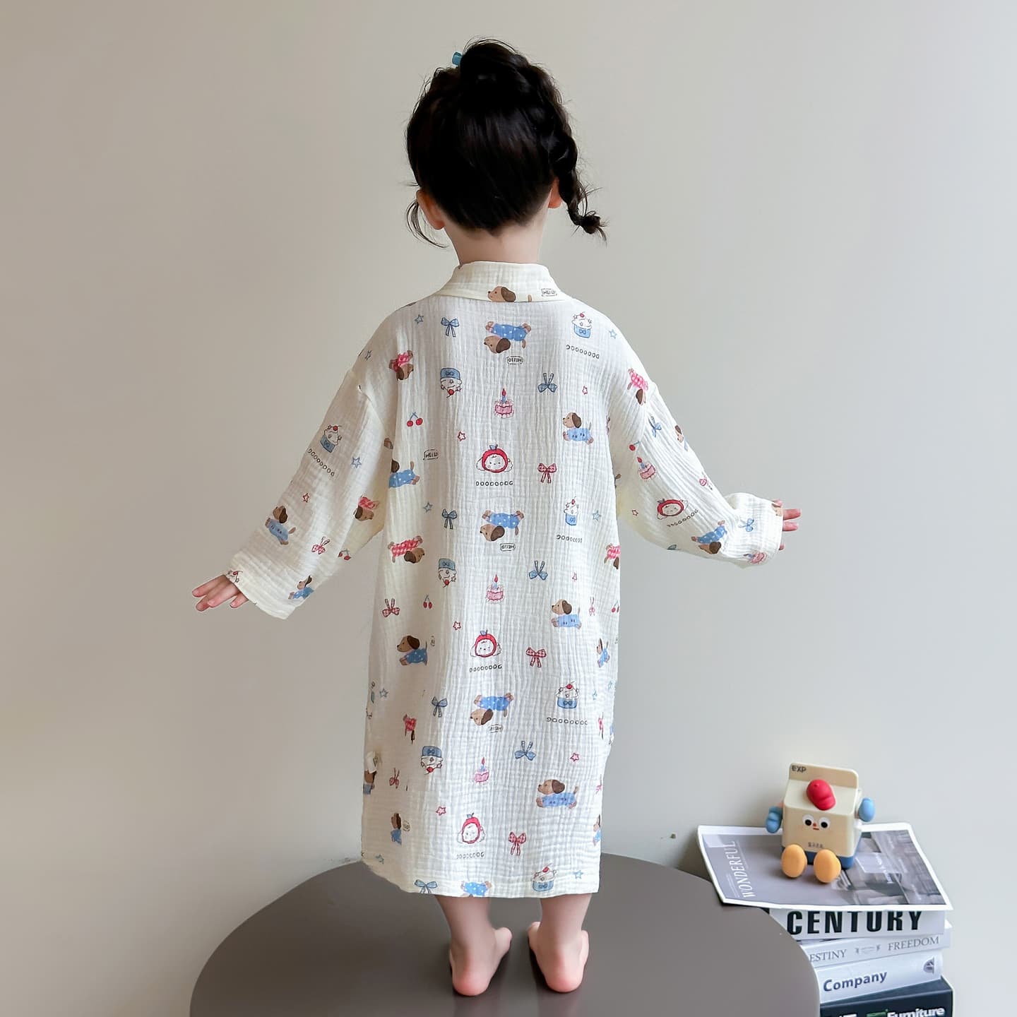 子ども用 ガーゼ バスローブ パジャマ 綿100% 長袖 前開き 柔らか 涼感 ルームウェア 夏用 女の子 男の子兼用 かわいい プリント 柄入り 90〜120cm