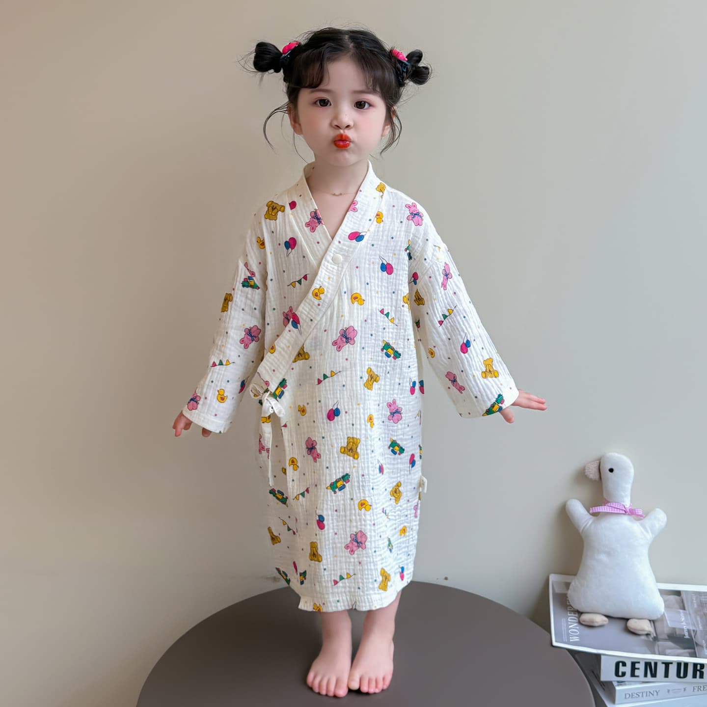 子ども用 ガーゼ バスローブ パジャマ 綿100% 長袖 前開き 柔らか 涼感 ルームウェア 夏用 女の子 男の子兼用 かわいい プリント 柄入り 90〜120cm