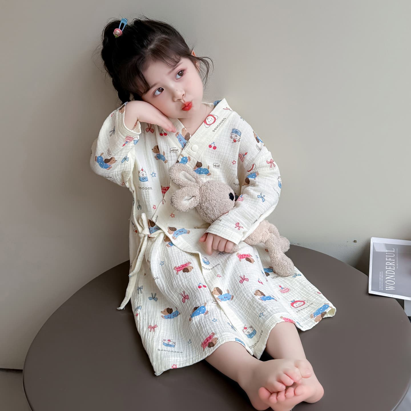 子ども用 ガーゼ バスローブ パジャマ 綿100% 長袖 前開き 柔らか 涼感 ルームウェア 夏用 女の子 男の子兼用 かわいい プリント 柄入り 90〜120cm
