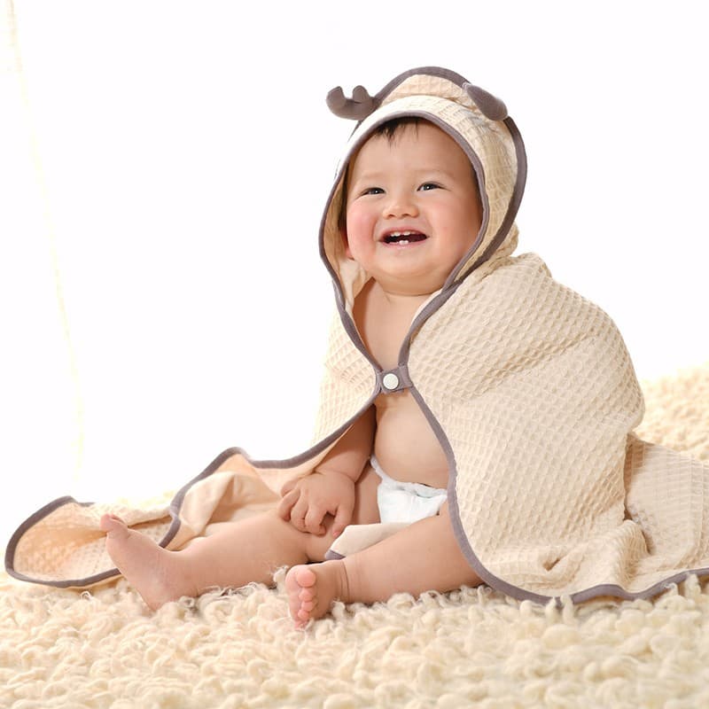 【ワッフルコットン】 ベビー フード付きバスタオル セット 新生児〜幼児用 95×95cm 吸水速乾 柔らかタオル 出産祝いギフト (グリーンワニ/ピンクフォックス/ベージュフォーン)